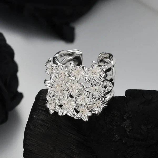 MLKENLY S925 sterling silver Flower Flower Ring Female Ins Cold Wind Open Wide Version Flower Finger Ring