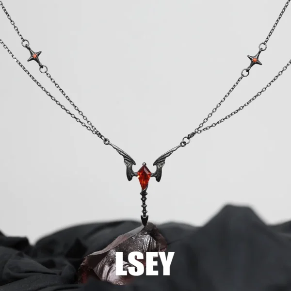 MLKENLY S925 Sterling Silver Dragon Wing Necklace Pure Silver Original Dark Personality Red Zircon Collarbone Chain Love and Dee