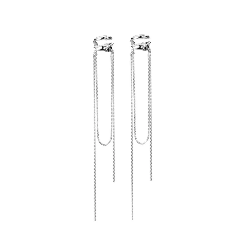 Micro fringed ear bone clip female minority design S925 sterling silver double-layer chain ear clip without ear hole senior cuff - Image 5