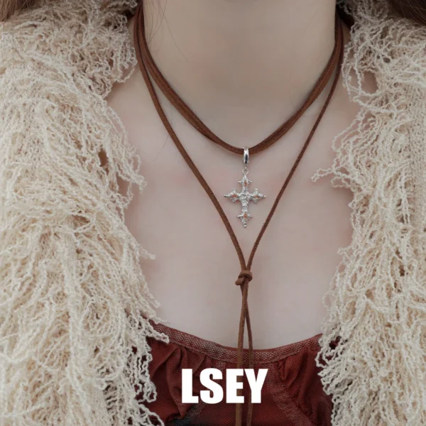 MLKENLY S925 Sterling Silver Minimalist temperament cross leather rope Chain Adjustable Y Necklace for Woman Clavicle Pendant Ho