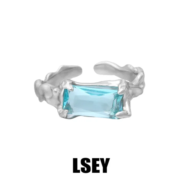MLKENLY S925 sterling silver Open Ring Texture Blue Zirconia Square Smooth Adjustable Finger Fine Jewelry Gift