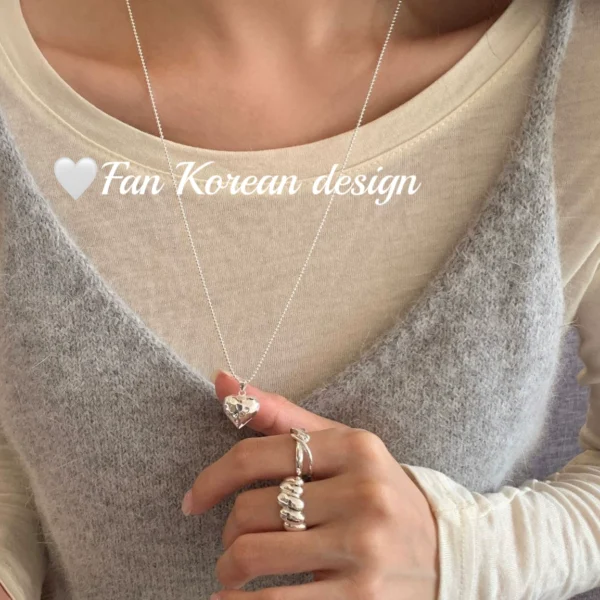 South Korea S925 all-over sterling silver long 60cm three-dimensional love hammer necklace ins style niche texture sweater chain