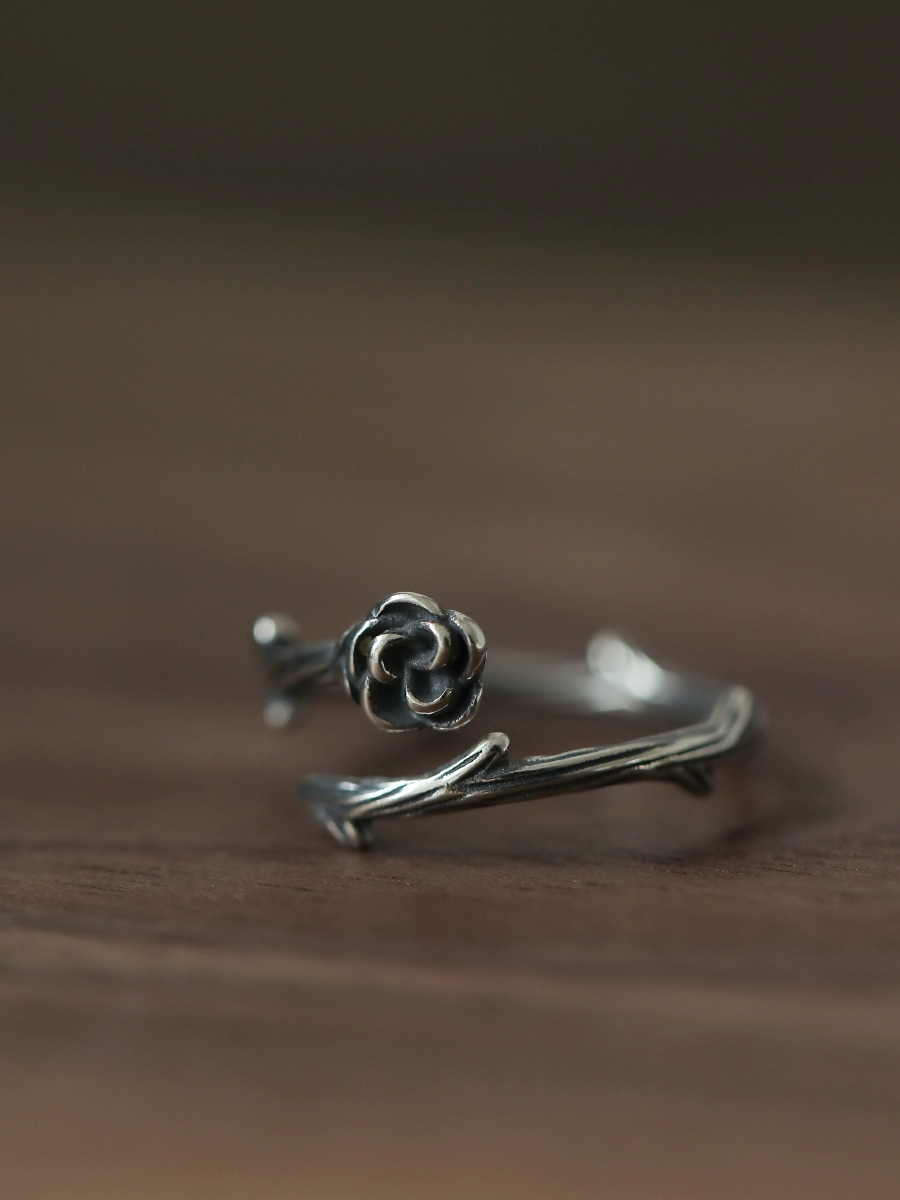 Pattern Veinsbrick "Thorn Flower" retro aged petals with thorns sterling silver S925 open adjustment ring - Image 3