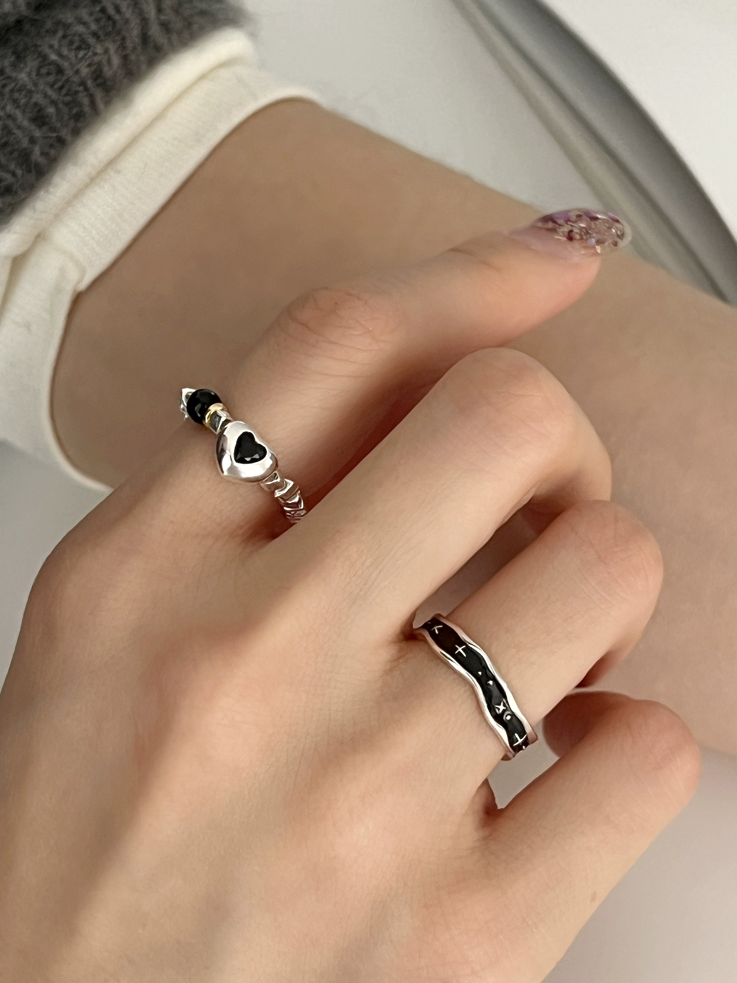 S925 sterling silver fashion ring female personality black agate love heartbreak silver elastic rope ring drip glaze starburst index finger ring - Image 2