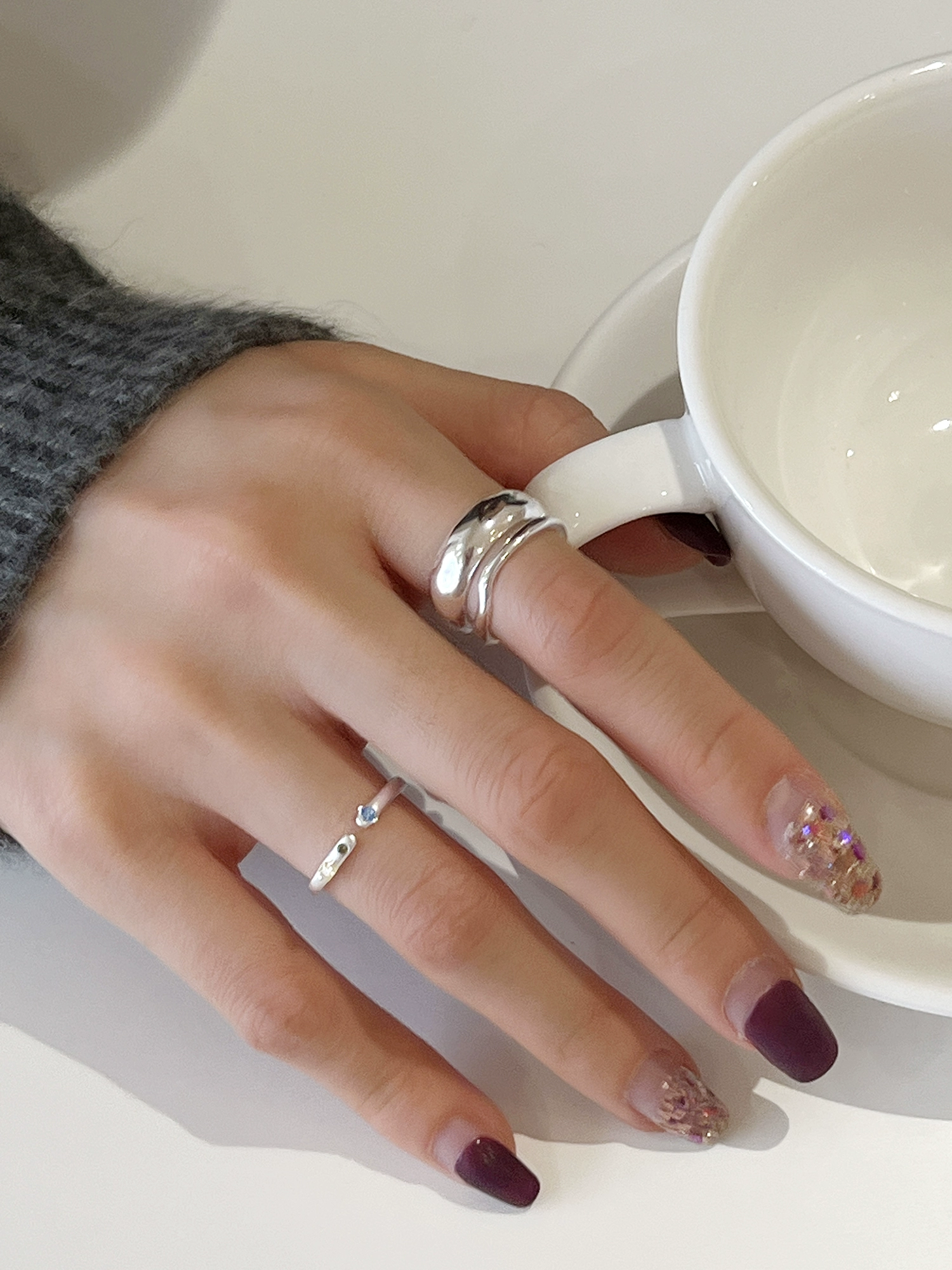 Cold style irregular double texture S925 sterling silver fashion ring women's personalized matte texture colored diamond ring - Image 3