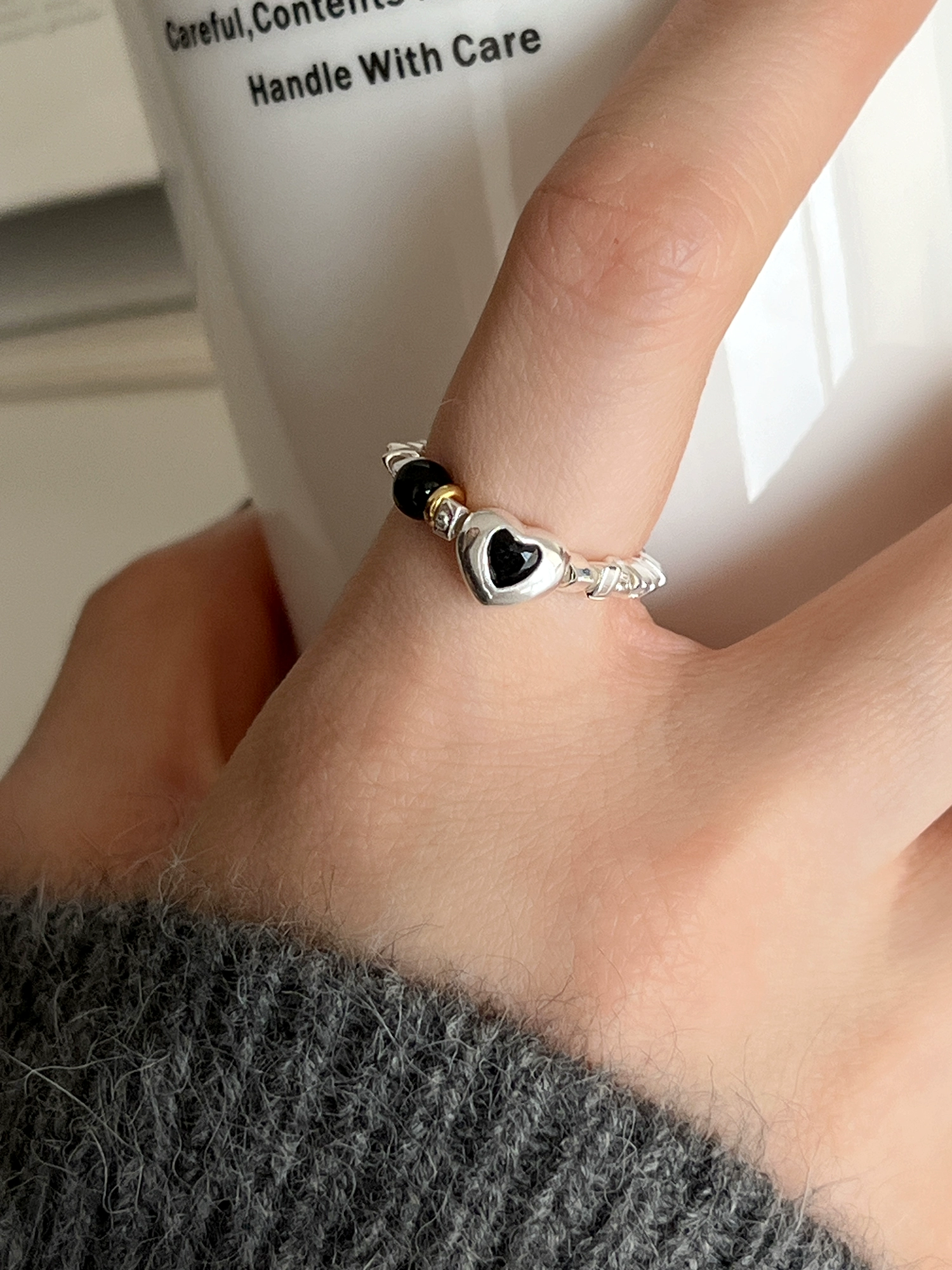 S925 sterling silver fashion ring female personality black agate love heartbreak silver elastic rope ring drip glaze starburst index finger ring - Image 5