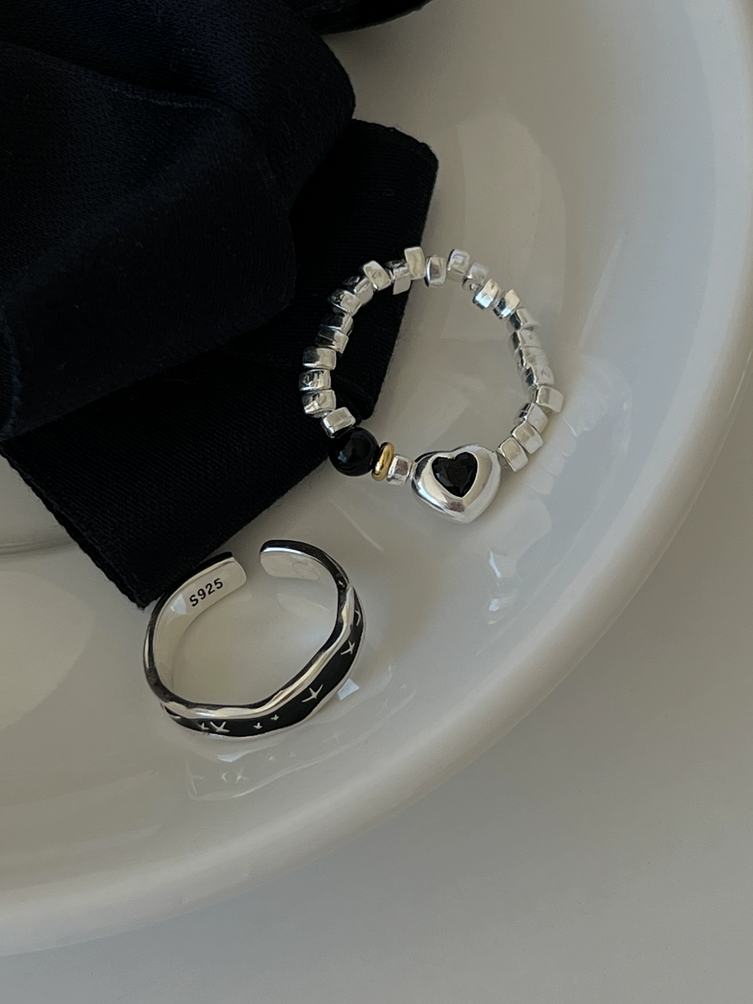 S925 sterling silver fashion ring female personality black agate love heartbreak silver elastic rope ring drip glaze starburst index finger ring - Image 3