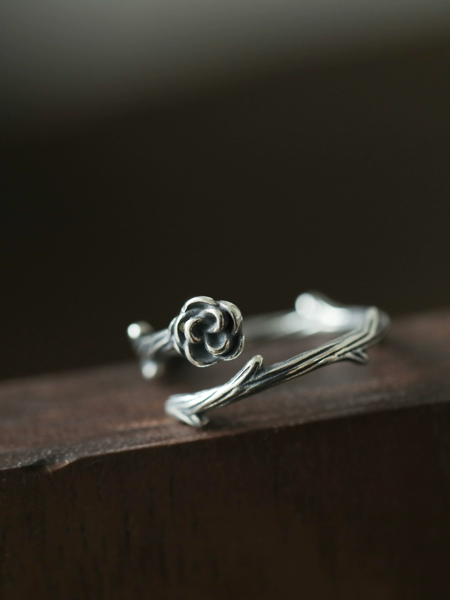 Pattern Veinsbrick "Thorn Flower" retro aged petals with thorns sterling silver S925 open adjustment ring - Image 5