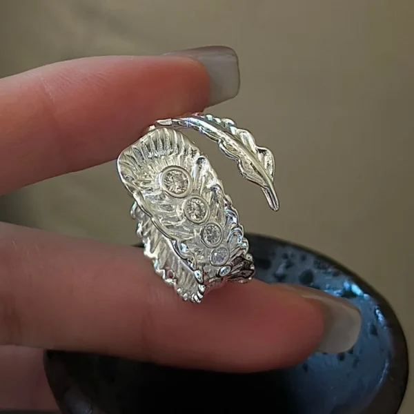 CHOZON S925 Solid Silver Feather Ring Korean Vintage Zircon Stacking Jewelry Gift for Women