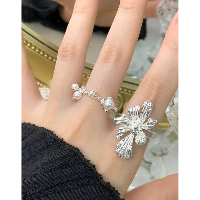 JZ061 CHOZON S925 Solid Silver Floral Ring Oversized Bloom Wholesale Adjustable Jewelry for Women - Image 2