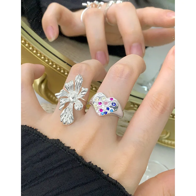 JZ061 CHOZON S925 Solid Silver Floral Ring Oversized Bloom Wholesale Adjustable Jewelry for Women - Image 4