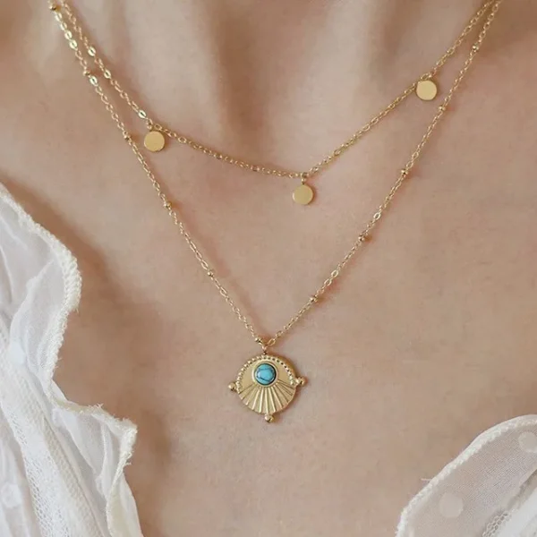 CHOZON S925 Silver 18K Gold Plated Bohemian Necklace Double Layer Blue Turquoise Coin Vintage Layering Jewelry Gift for Women