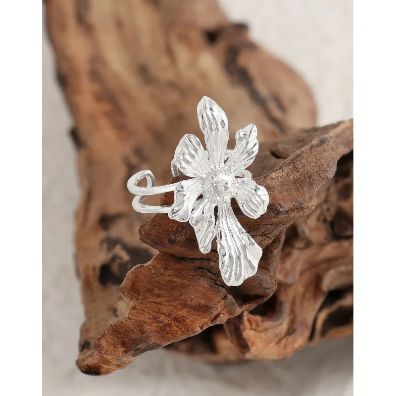 JZ061 CHOZON S925 Solid Silver Floral Ring Oversized Bloom Wholesale Adjustable Jewelry for Women - Image 3