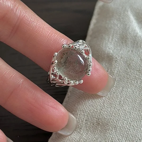 [Cciris.Com] S925 Silver Green Phantom Quartz Ring Korean Vintage Minimalist Wholesale Stacking Jewelry for Women